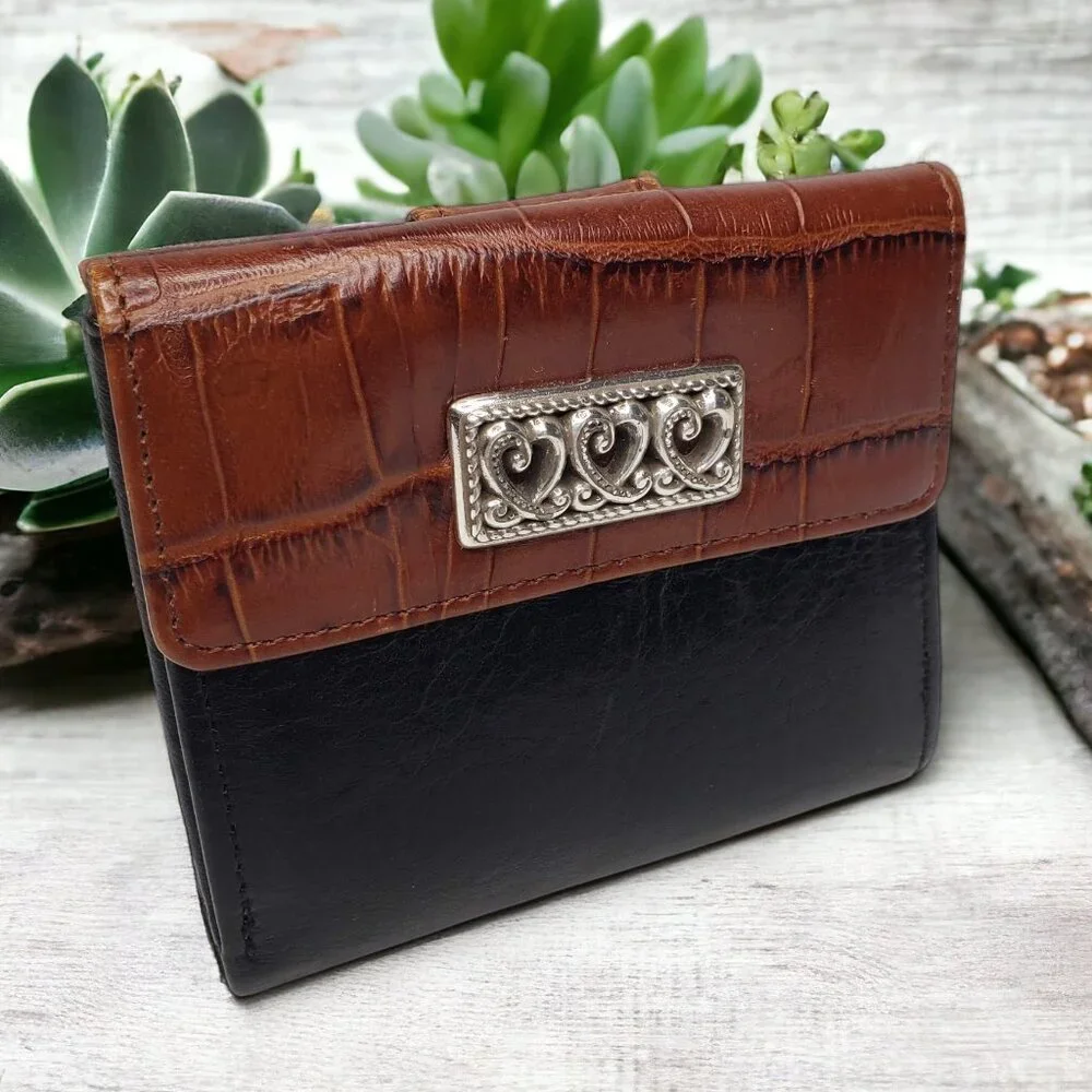 Brighton Two Tone Engraved Silver Tone Heart Accent Snap Wallet